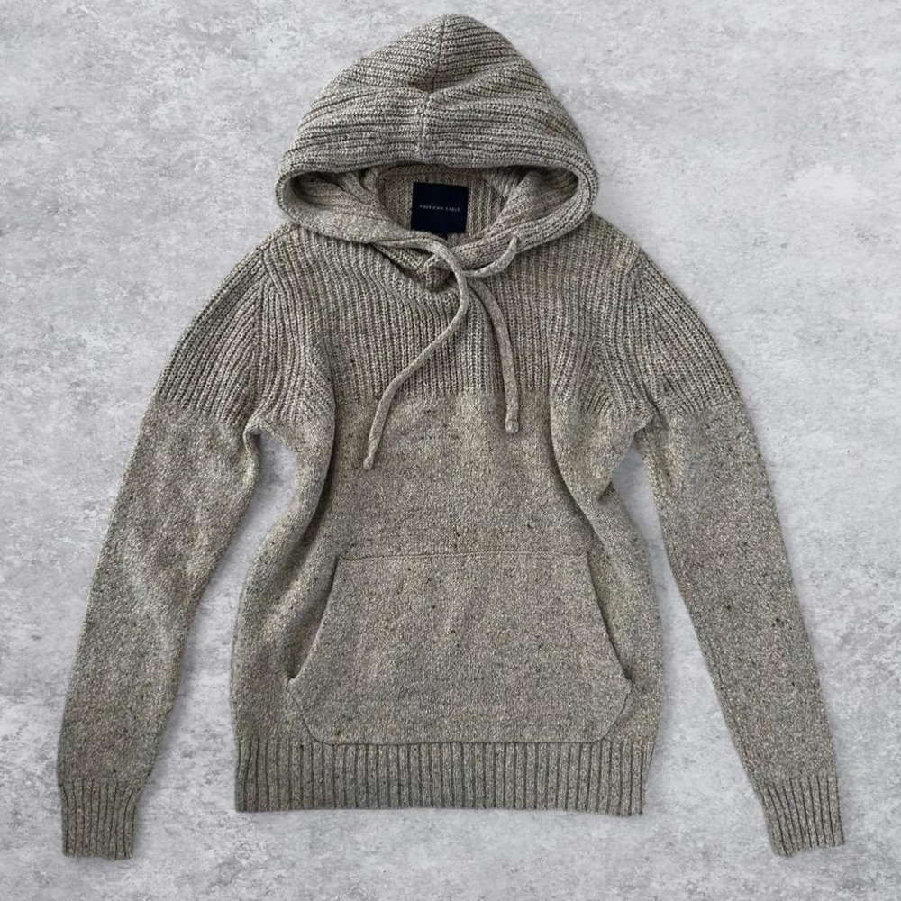 American Eagle Small Oatmeal Speckled Knit Hoodie Silk Wool Blend Sweater